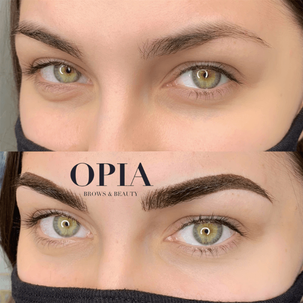 Before and after combination technique with permanent makeup on beautiful woman