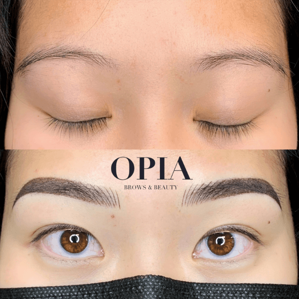 permanent makeup brows, super symmetrical, on beautiful asian woman.