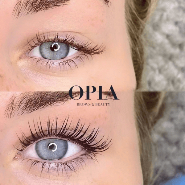 Woman with before and after the Eyelash Lift and Tint service. 