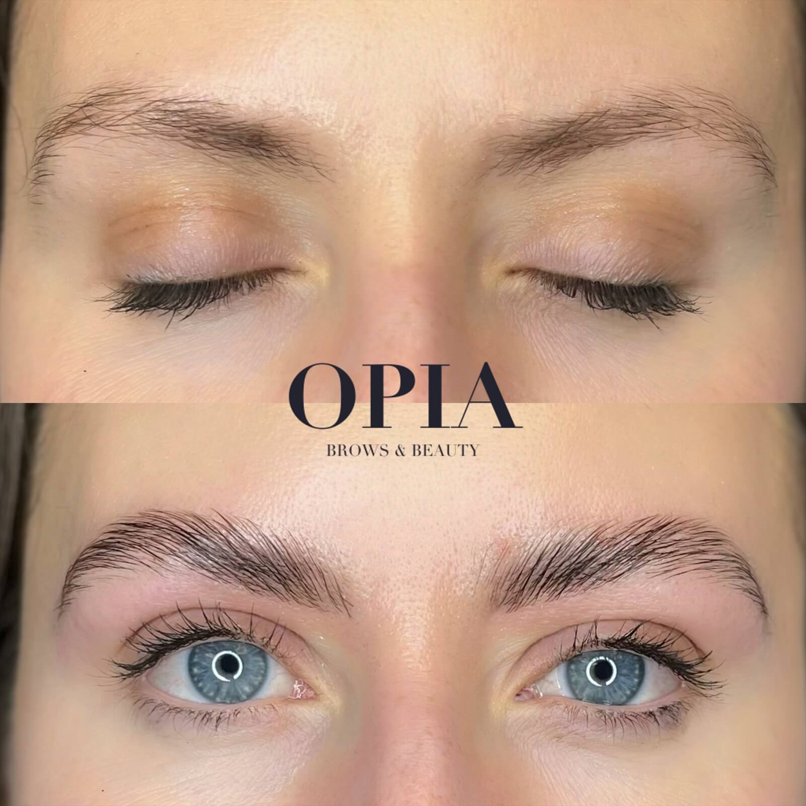 before and after of woman with natural brows getting OPIA's Fluffy brow lift and tint which is a eyebrow lamination treatment to enhance fullness and shape. 